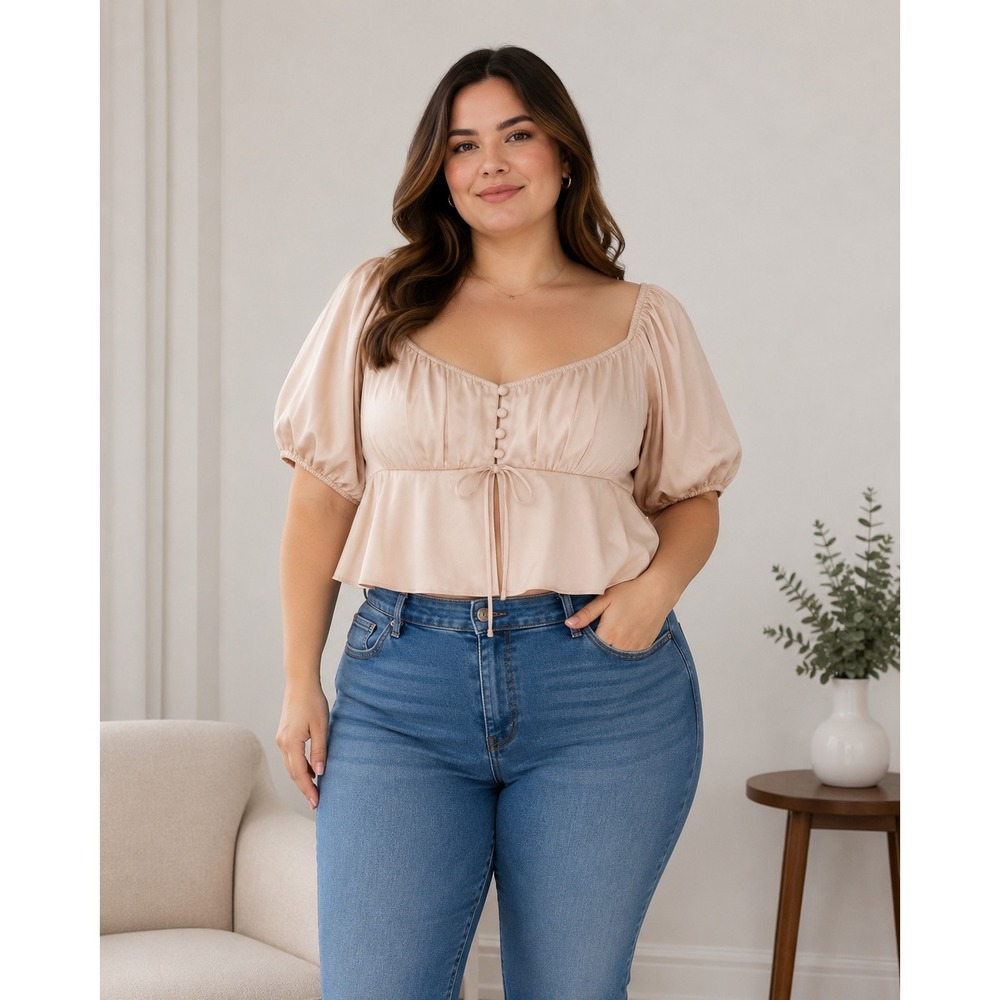 Satin Blush Pink Peplum Top 14 Puff Sleeve Coquette Cottagecore Tie Front Blouse